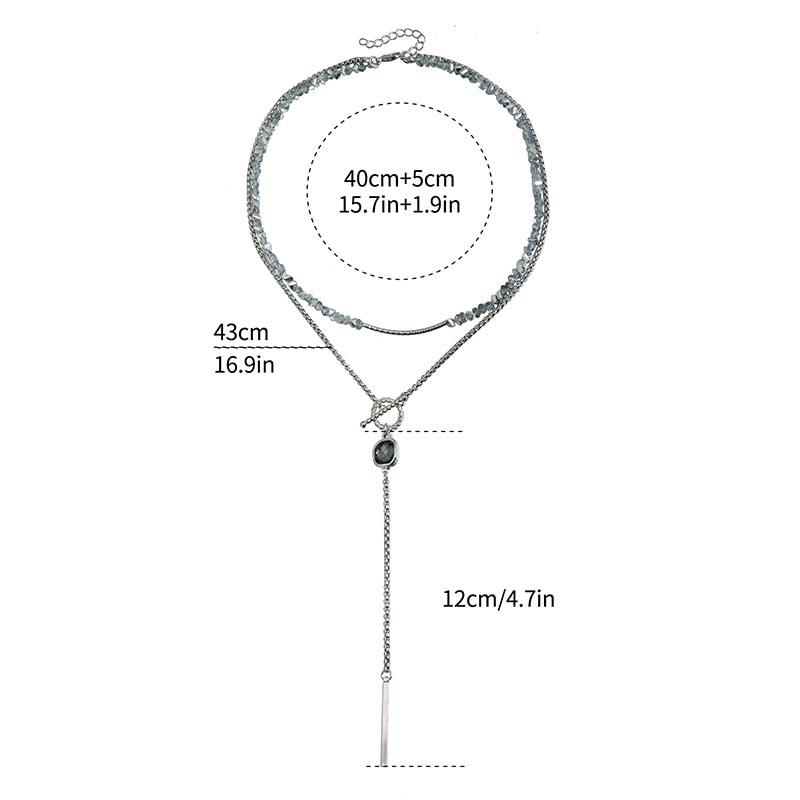 2026 Trendy Square Grey Glass Pendant Long Tassel Layered Necklace for Women Ins Fashion Drop Earrings Vintage Jewelry Gift