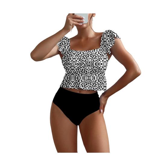 2 шт./комплект Женский купальник Комплект Квадратный вырез Воланы Короткий рукав Полосатый принт Топы Высокая талия Плавки Комплект купальных костюмов