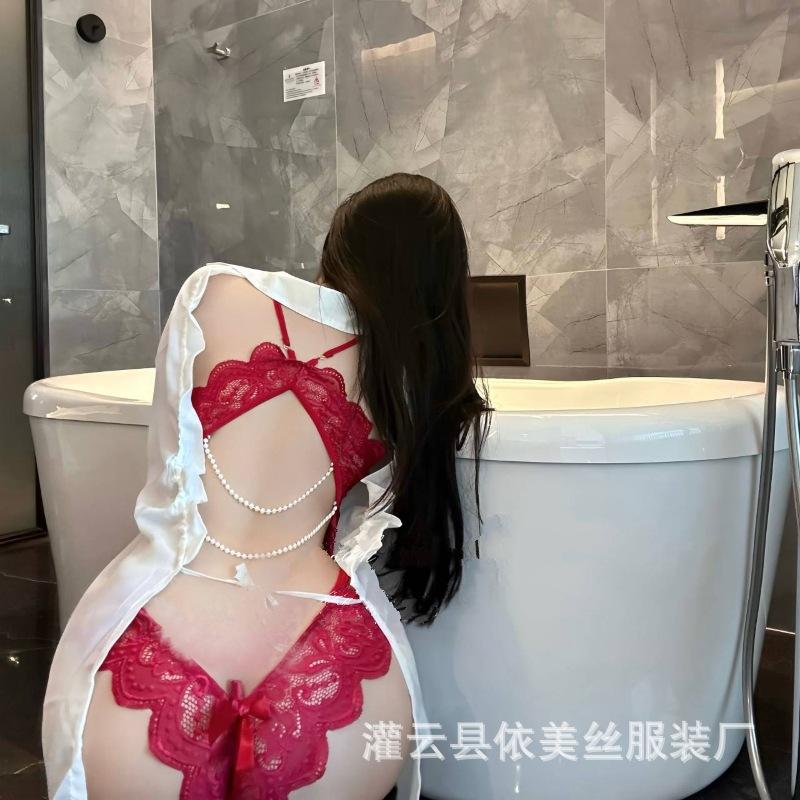 Sexy Female Open Perspective Seduction Uniform Lace Backless Pearl Onesie Sexy Uniform Set