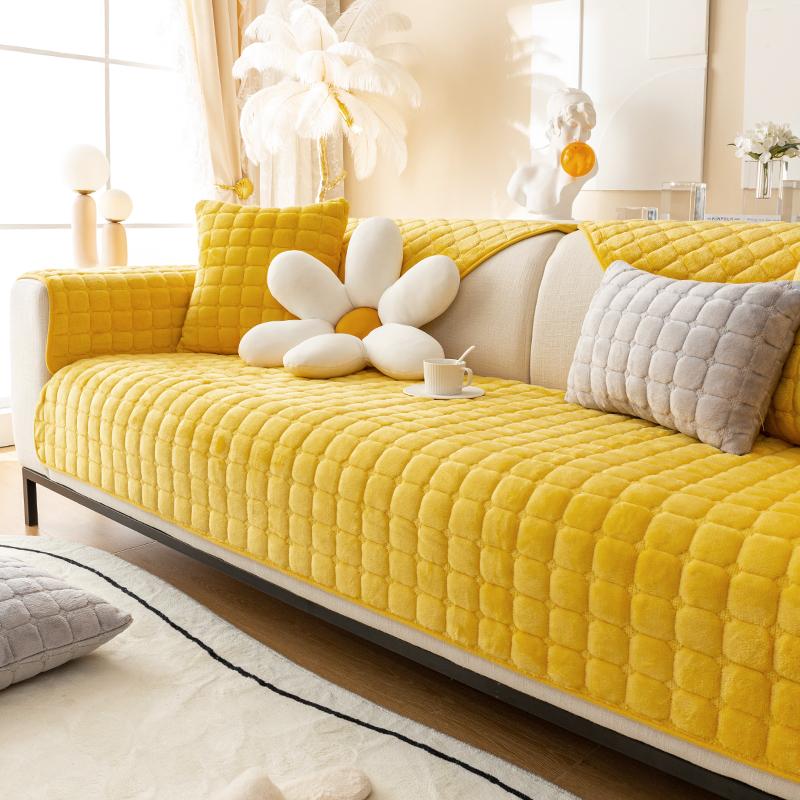 Solid Color Plush Sofa Cushion for Autumn and Winter Warmth, Thickened Anti Slip Pet Friendly Sofa Protective Cover