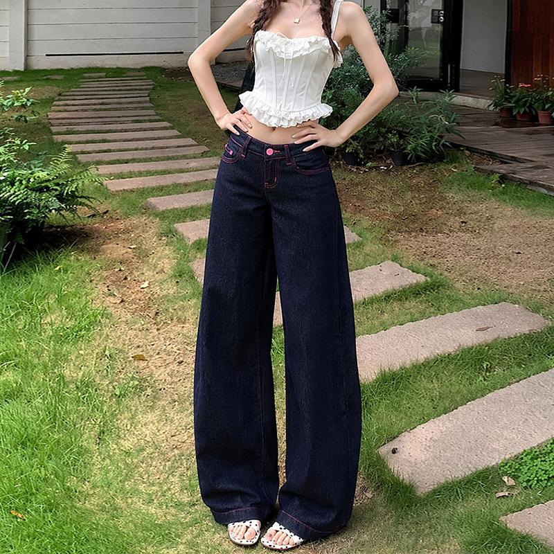 Pink label contrasting color design jeans women's American new low-waist large size loose drape versatile and thin wide-leg pants