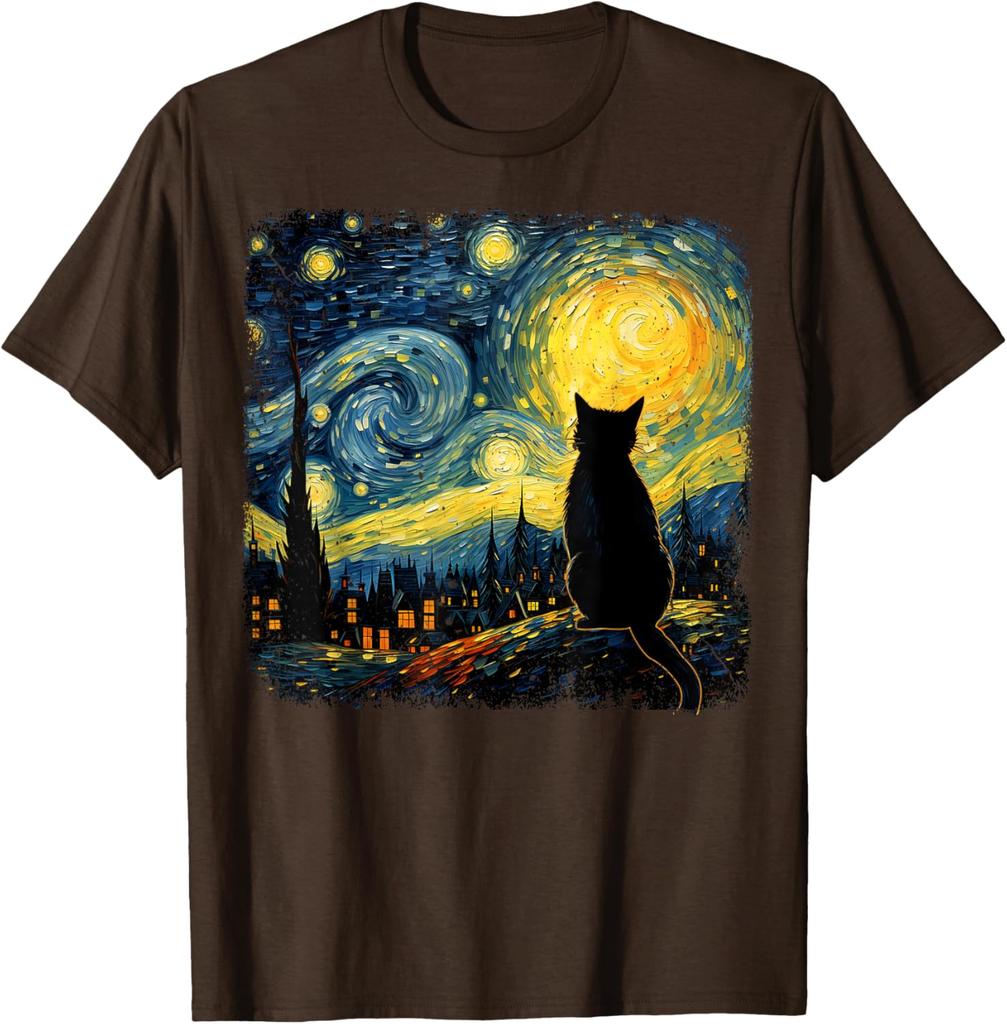 Black Cat Starry Night Van Gogh Style Graphic TShirt Breathable Cotton Top for Cat Lovers