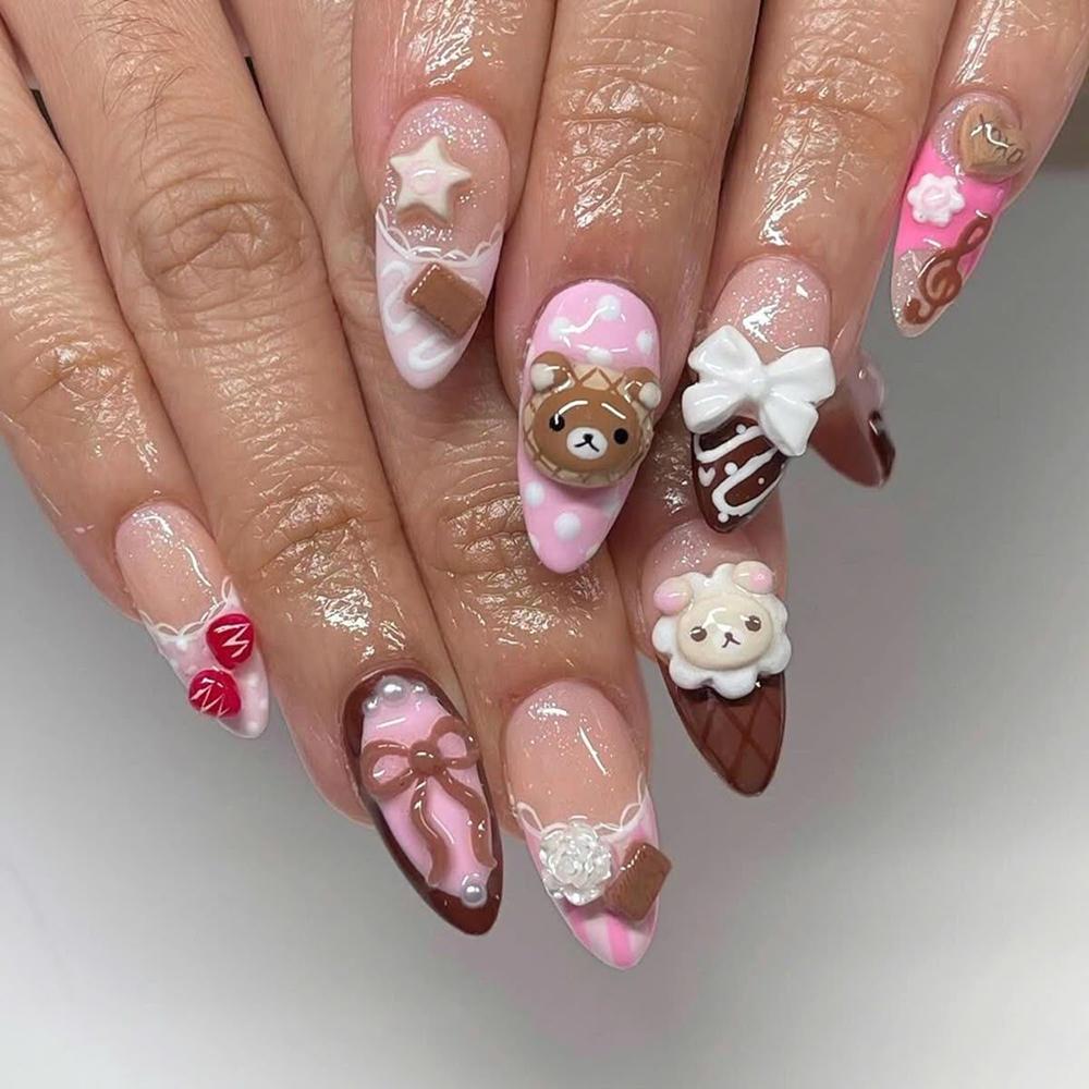 Handmade 3D Cute Rabbit Cat Pink Chocolate Dessert Cream Cartoon Almond Shaped Press On Nails Art Stickers