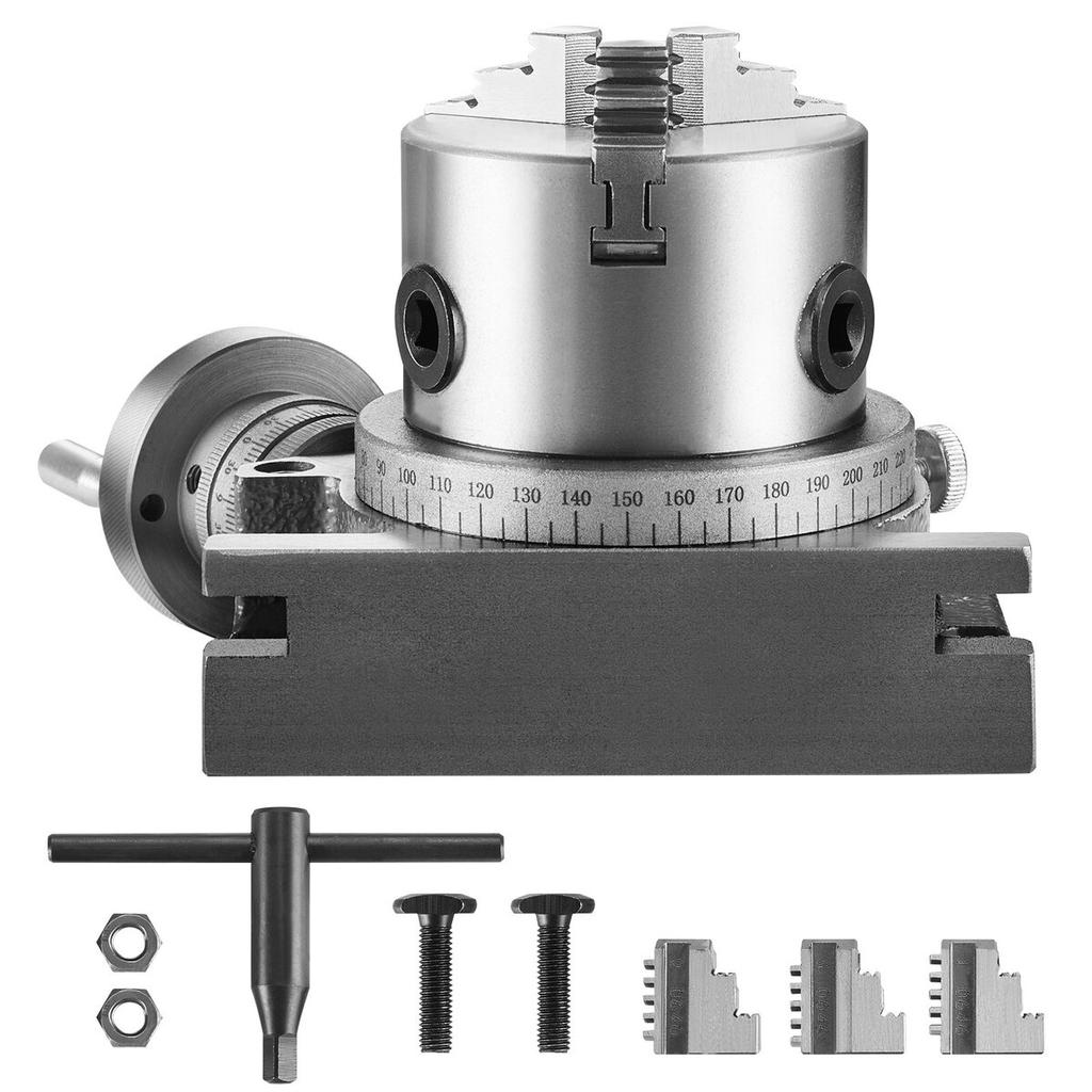 Rotary Table for Milling Machines, 100 mm, Horizontal Vertical Model Precision Milling Rotary Table, with 80 mm 3-Jaw Chuck M10 T-Bolts Nuts, for