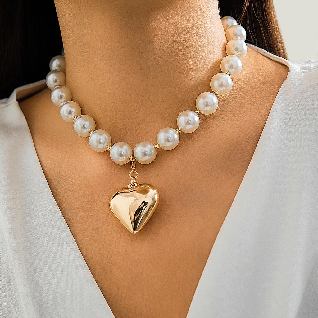 DIEZI Different French Style Big CCB Heart Pendant Necklace Women Party Gift Fashion Pearl Beads Choker Necklace Y2K Jewelry