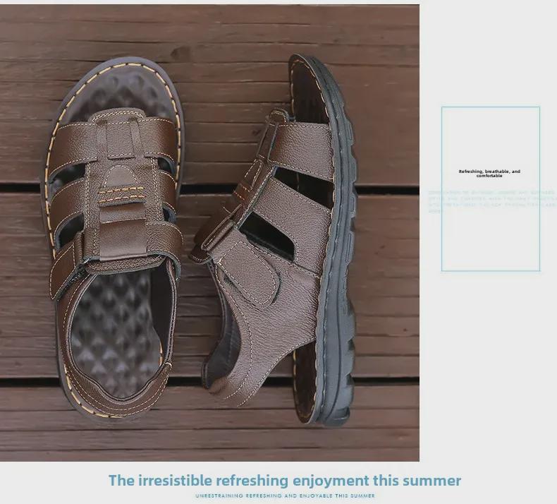 Men's 2024 Summer Genuine Leather Breathable Sandals - Versatile, Soft Bottom, Beach-Ready.