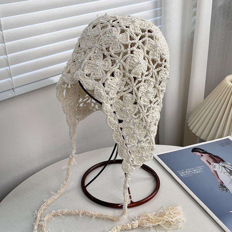 New handmade hollow knitted wool hat women's spring and autumn thin breathable face small ethnic style fringed pullover hat