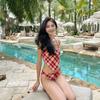 New red plaid split skirt swimsuit women's three-piece bikini conservative student covering meat and looking thin hot spring