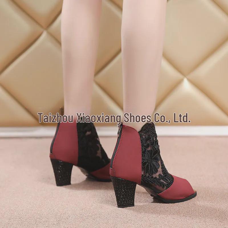 Сандалии Fish Mouth Mesh 2021 года, лето: Дышащие кружевные полые высокие каблуки, женские большие размеры на молнии толстые каблуки