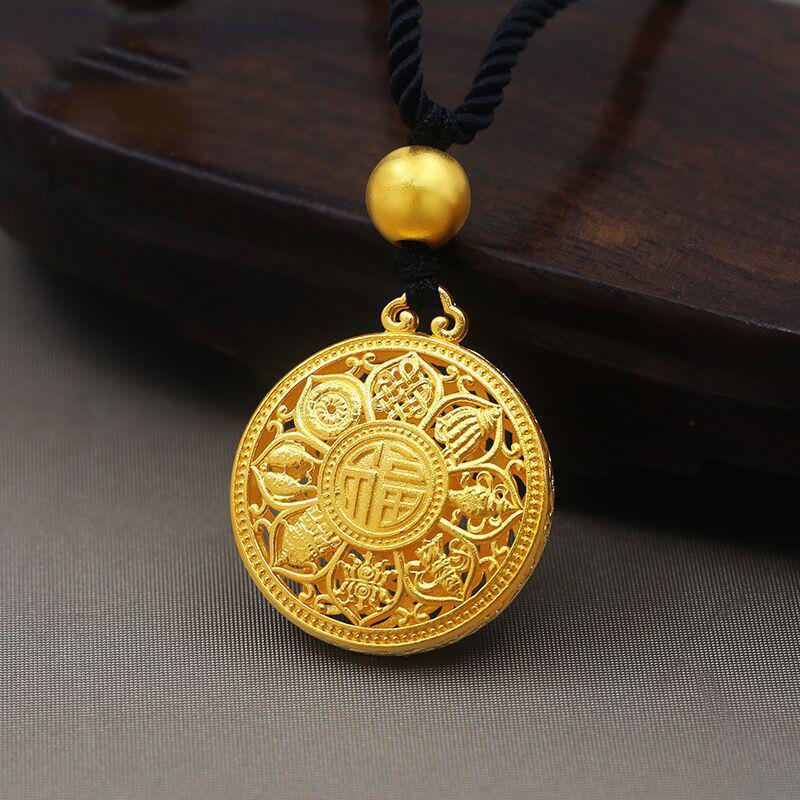 Vietnamese Sand Gold Eight Treasures Luopan Necklace with Fu Pendant, Gold Braided Rope, Unisex Ancient Craftsmanship Sweater Chain