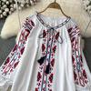 Summer Vintage Women Blouse Embroidered Puff Sleeve Color Block Ethnic Style Camisa Feminina Casual Tops