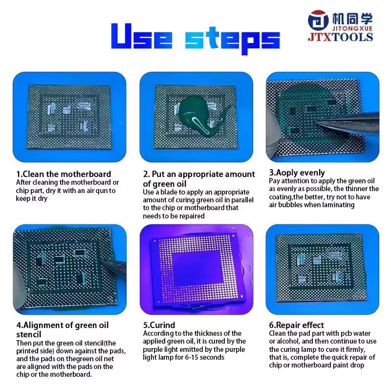 JTX Universal Solder Mask Green Oil UV Stencil Screen IC Pad Special Green Oil Mesh for 0.3/0.35/0.4/0.5 Scrape Clean UV Curing