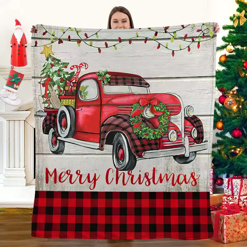 VIKAMA 2027 Merry Christmas Throw Blanket Red Vintage Truck Xmas Tree Blanket for Living Room Couch Sofa Holiday Home Decor
