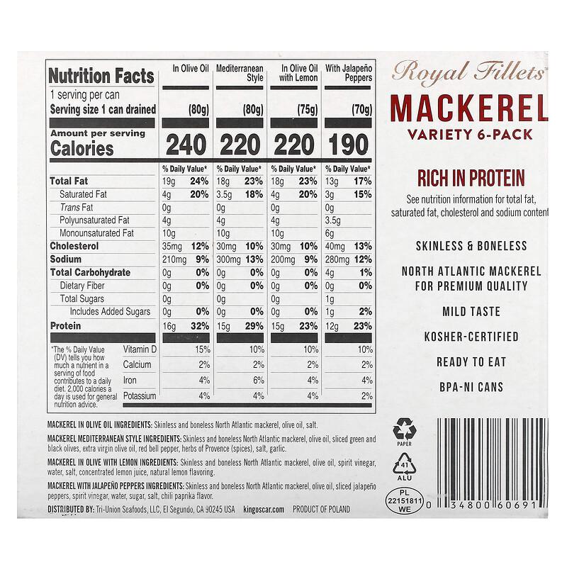 Royal Fillets, Mackerel, Variety 6-Pack, 6 Cans, 4.05 oz (115 g) Each