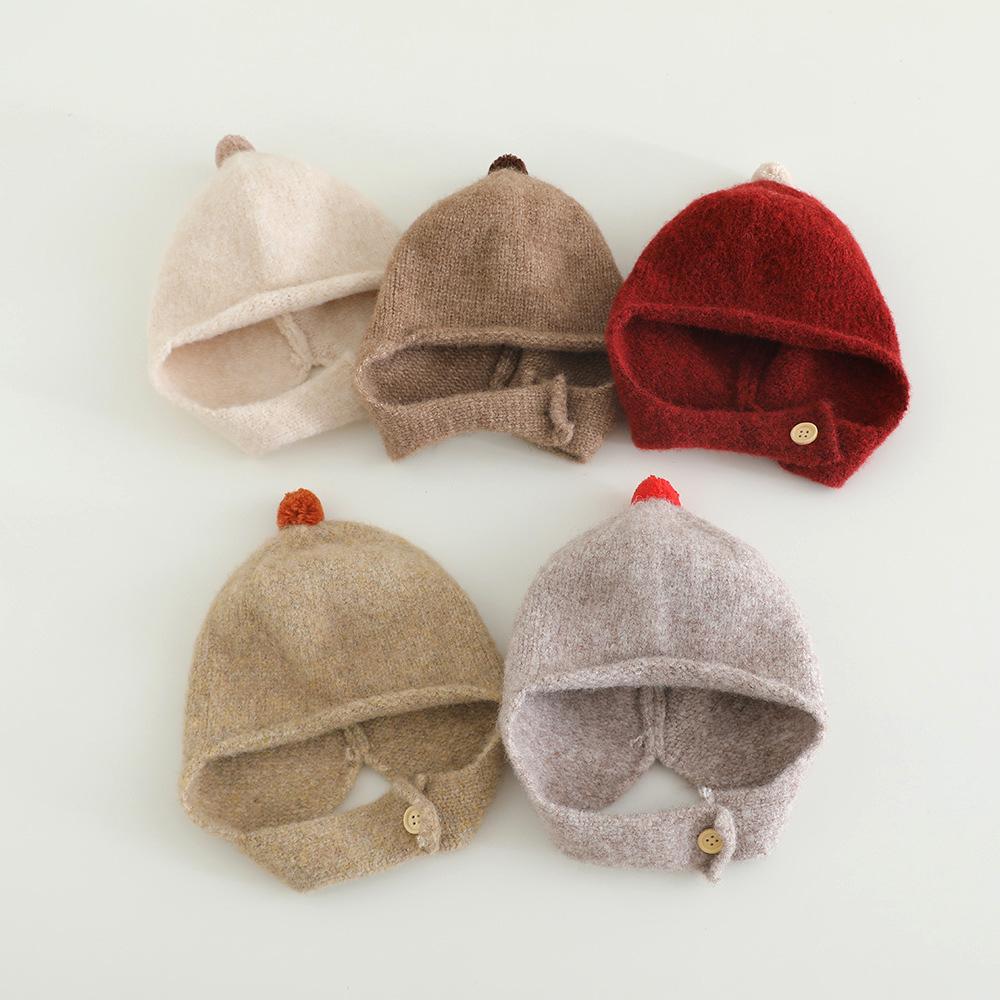 Однотонная шапка с помпоном для малышей, осенне-зимняя вязаная шапка-бини с ушками, ветрозащитная, теплая, для малышей мальчиков и девочек, шапка для защиты ушей