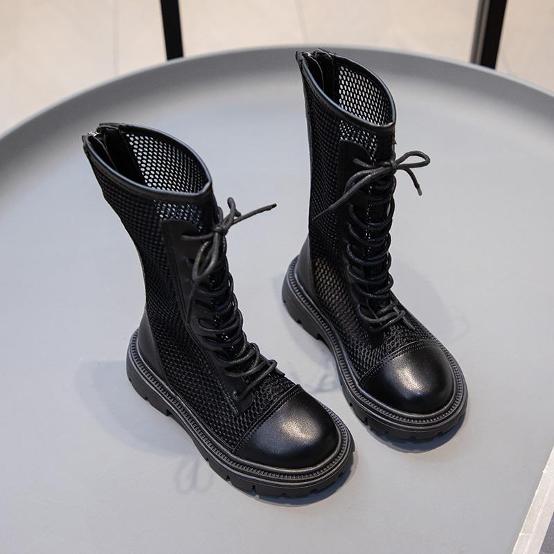 Детская летняя обувь для девочек, модные сандалии, высокие сетчатые ботинки, дышащие сетчатые шнурки, украшение с вырезом на молнии, стиль Ins