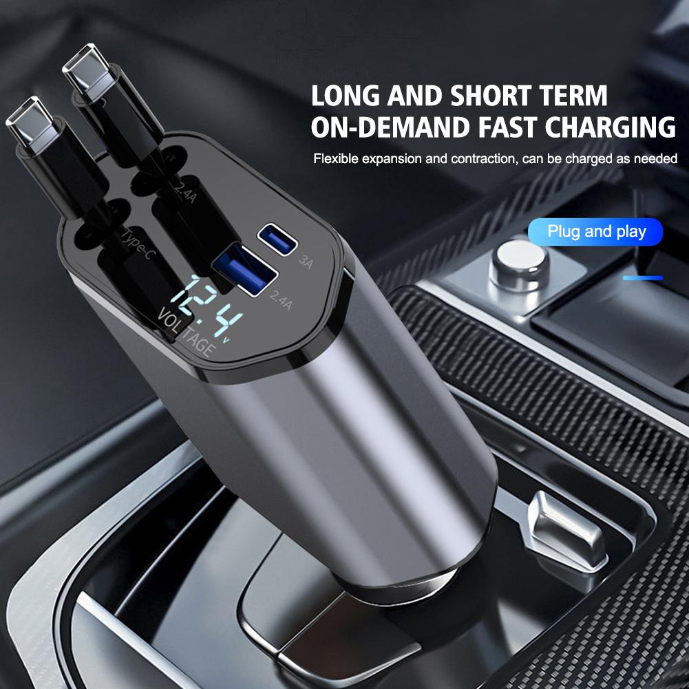 Pd Car Charger 120w Quick Charger With 2 Retractable Cables Type C Fast Car Charger Voltmeter 4 In 1 Power For Huawe P2w2