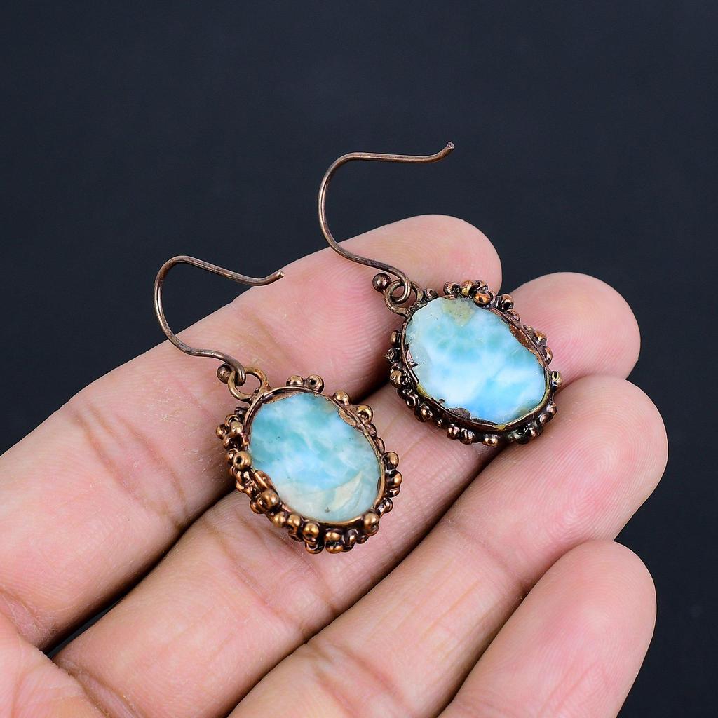 Larimar Earrings, Copper Electroformed Jewelry, Gemstone Earrings, Gift For Her Handmade Dainty Jewelry