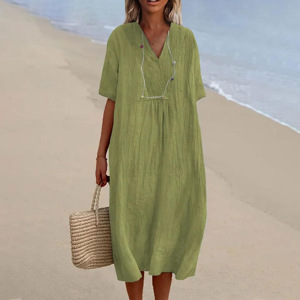 Женские повседневные платья с v-образным вырезом, однотонные платья для отдыха на пляже, свободное время, свободное хлопковое льняное платье-рубашка