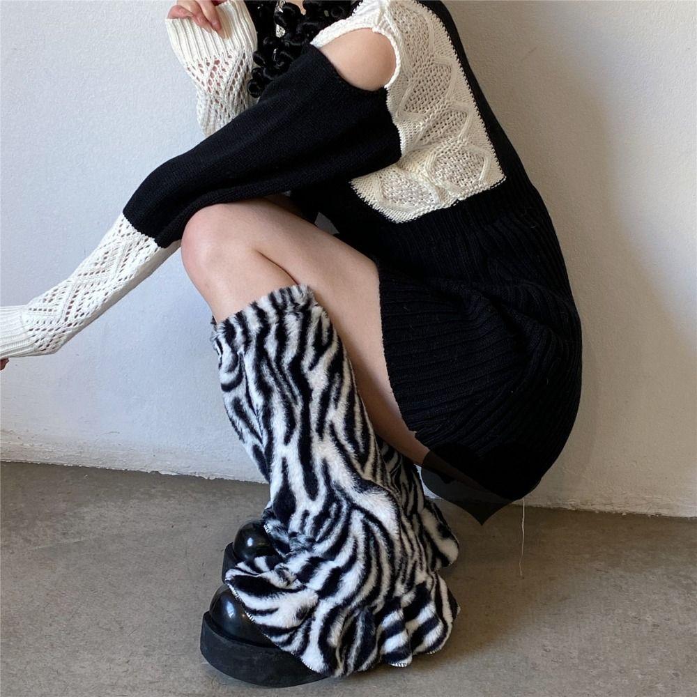 Y2K Winter Leg Warmers Dot Stripe Long Stockings Vintage Plush Leg Coverings Streetwear