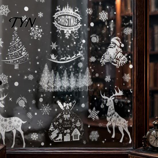 Static Window Clings 6Pcs Christmas Clings, Retro White Line Glass Sticker for Holiday Electrostatic Film Decoration, Reusable PVC Elk Santa