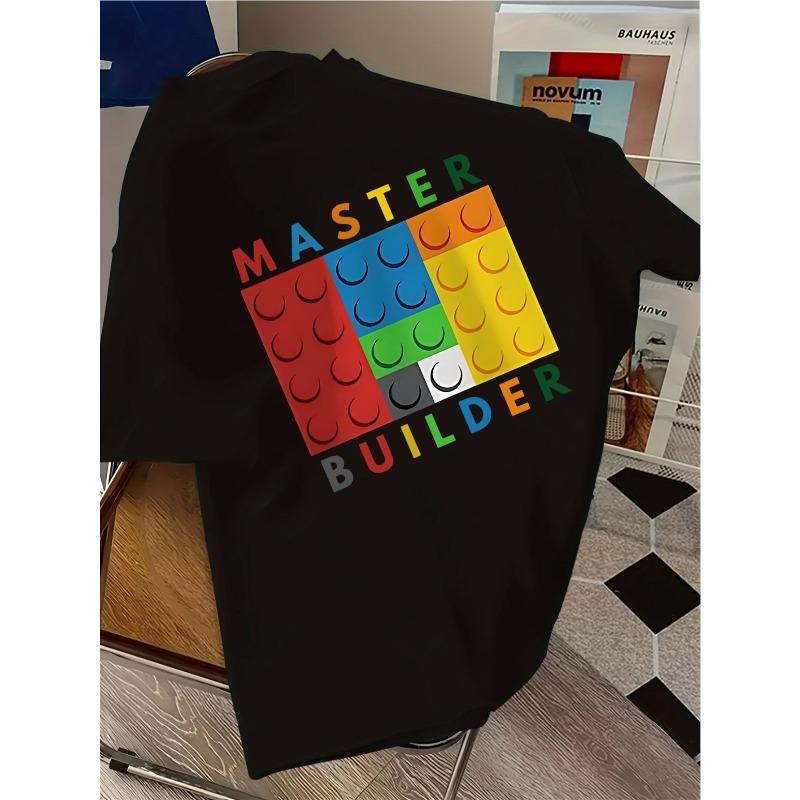 European sizes The T-Shirt Features a Colorful Block Pattern And The Words 'MASTER BUILDER', Making It a Stylish Casual Outfit Suitable