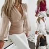 V Collarl Lace Splicing Long Sleeve Shirts Women SequinsT Shirt Female Solid Color Blouses Casual Top