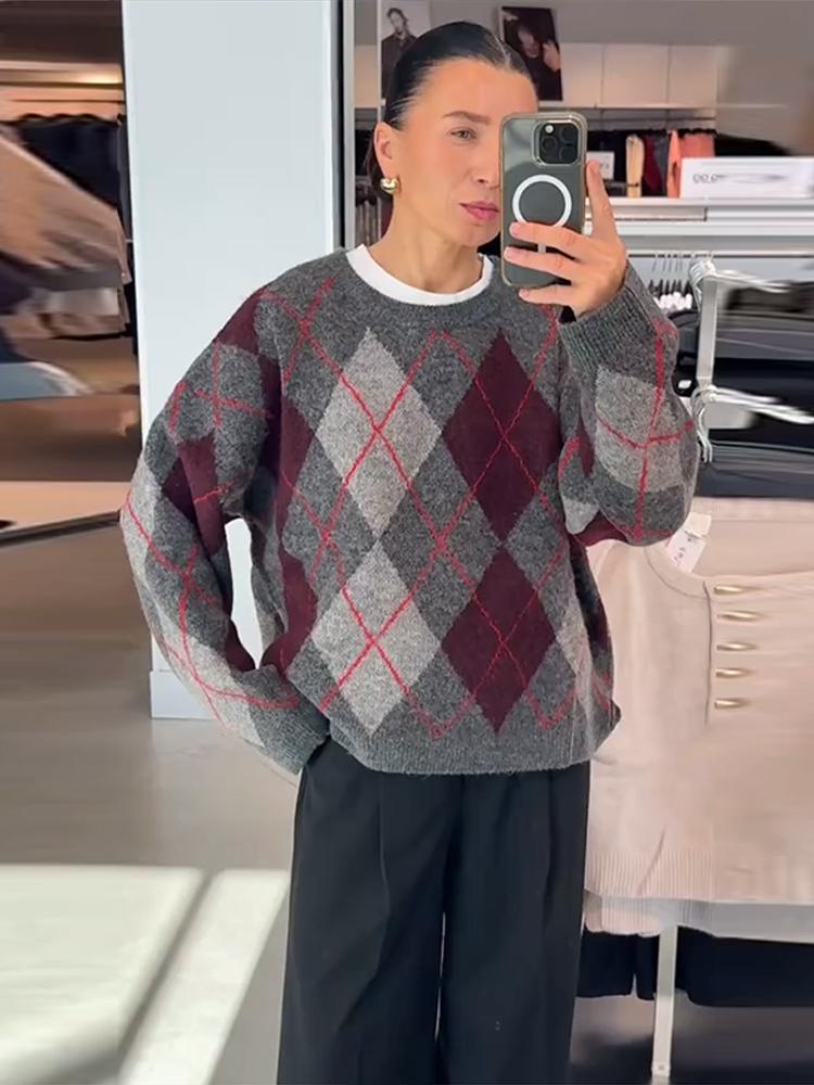Женский жаккардовый вязаный свитер с ромбовидным узором, с круглым вырезом, женский теплый и модный зимний пуловер с круглым вырезом 2025