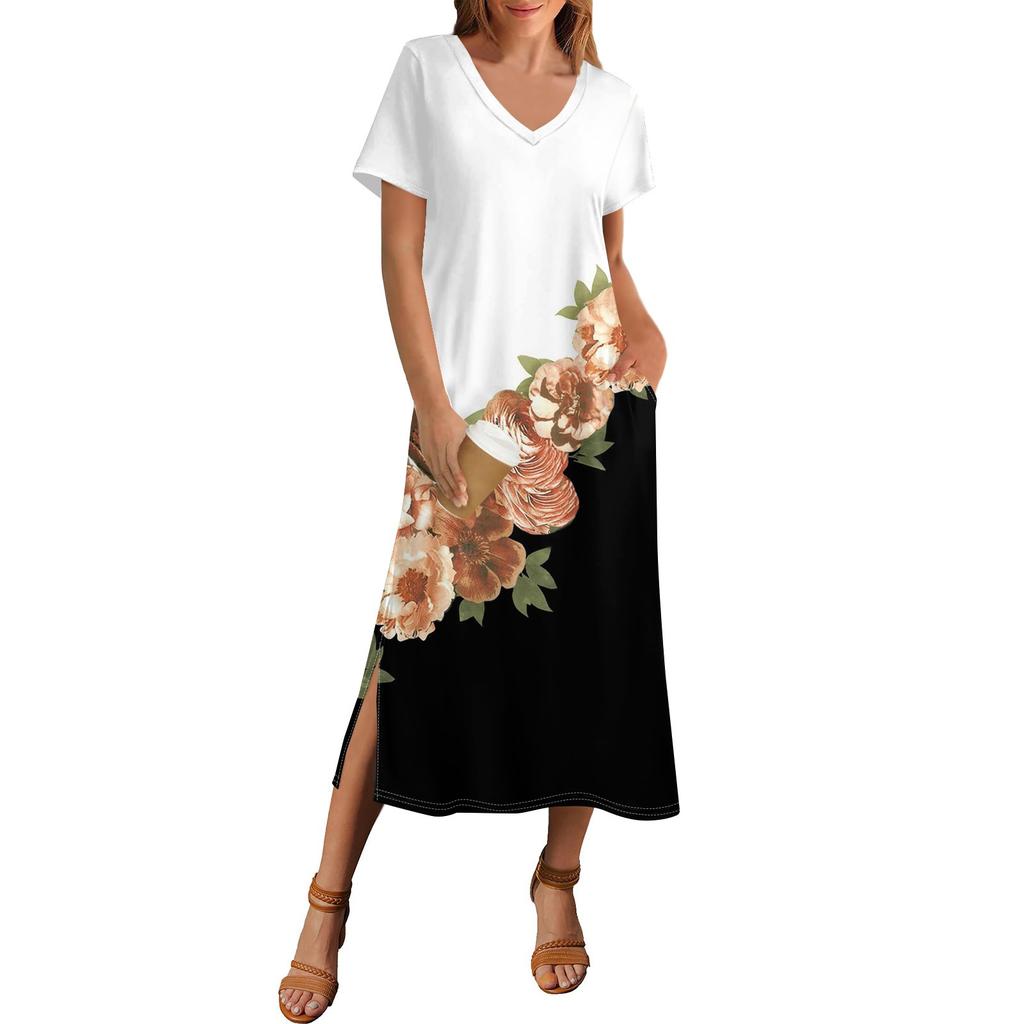 Женское летнее платье с принтом в горошек, пляжное платье с коротким рукавом и карманом, повседневное платье с V-образным вырезом и боковыми разрезами