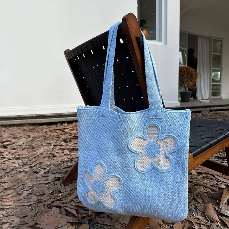 Knitting Woolen Flower Decor Tote Bag Women Crochet Fashion Open Shopper Top-handle Bag Female Daily Large Capacity Handbag