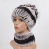 Knitted Women Warm Rex Rabbit Fur Hat Scarf Sets Winter Natural Rex Rabbit Fur Cap Scarves Russia Lady Fur Hats Muffler 2 Pieces