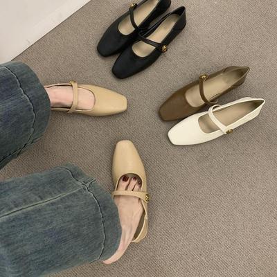 Простые и универсальные туфли Мэри Джейн с квадратной головкой, женские туфли, весна 2025, новые туфли на плоской подошве абрикосового цвета, женские