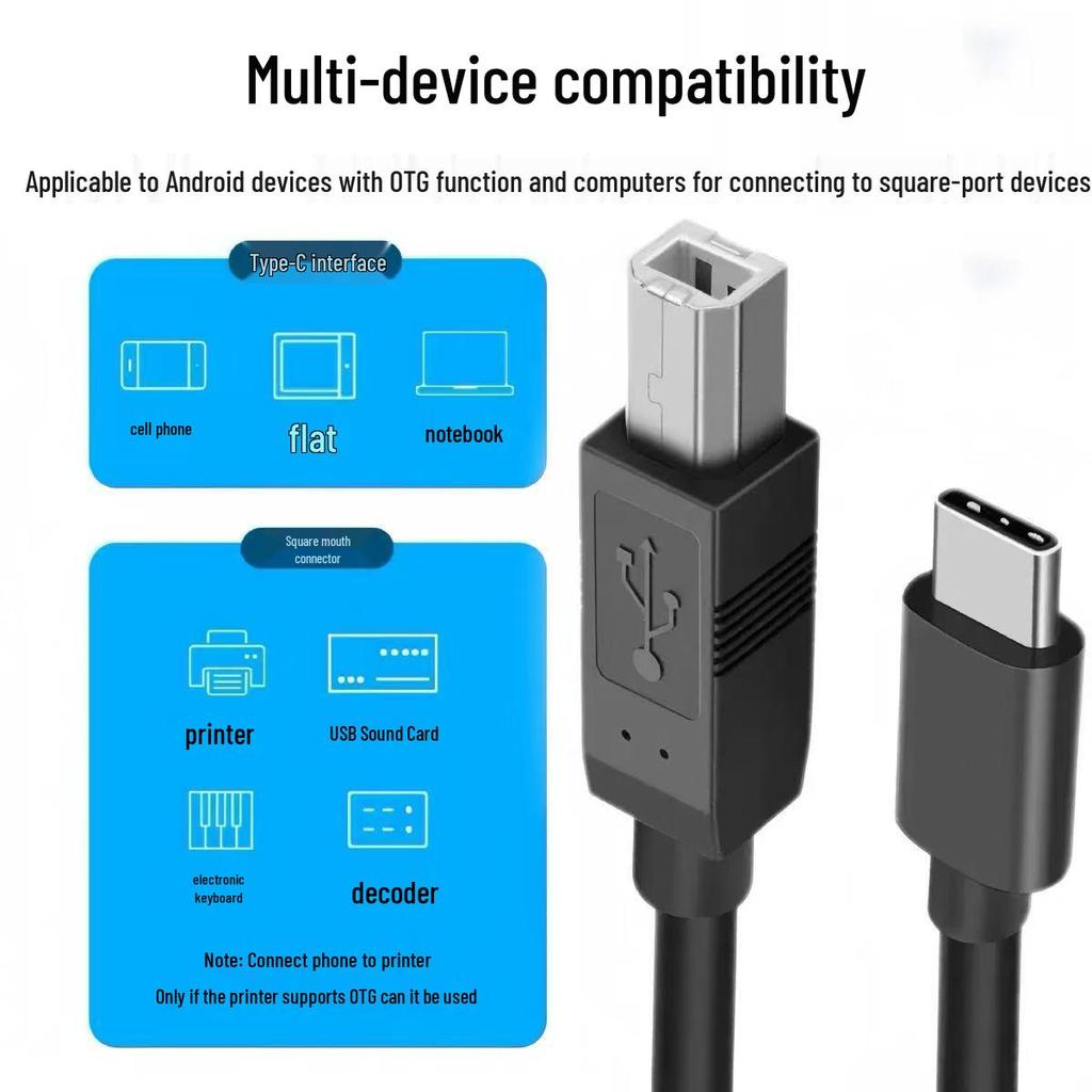 Кабель-адаптер USB 2.0 Type-C на квадратный порт для принтера, для высокоскоростных подключений мобильного телефона и компьютера