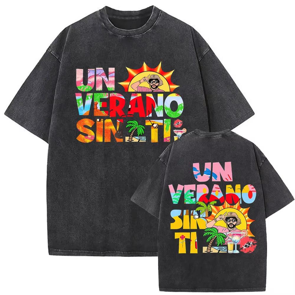 Washed Vintage Bad Bunny Un Verano Sin Ti Graphic Tshirt Mens Fashion Oversized Streetwear Women High Quality Cotton T Shirts