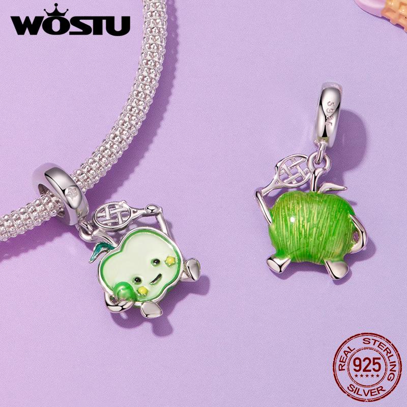WOSTU Real 925 Sterling Silver Original Strawberry Charm Cute Fuirt Food Beads Banana Apple Avocado tomato s925 pendant DIY Gift