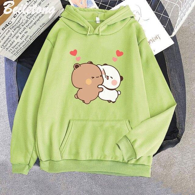 Кавайная толстовка с капюшоном, медведем, пандой, мультяшным принтом Бубу Дуду, свитшот большого размера для девочек, весна/осень, голубые топы с карманами и длинными рукавами
