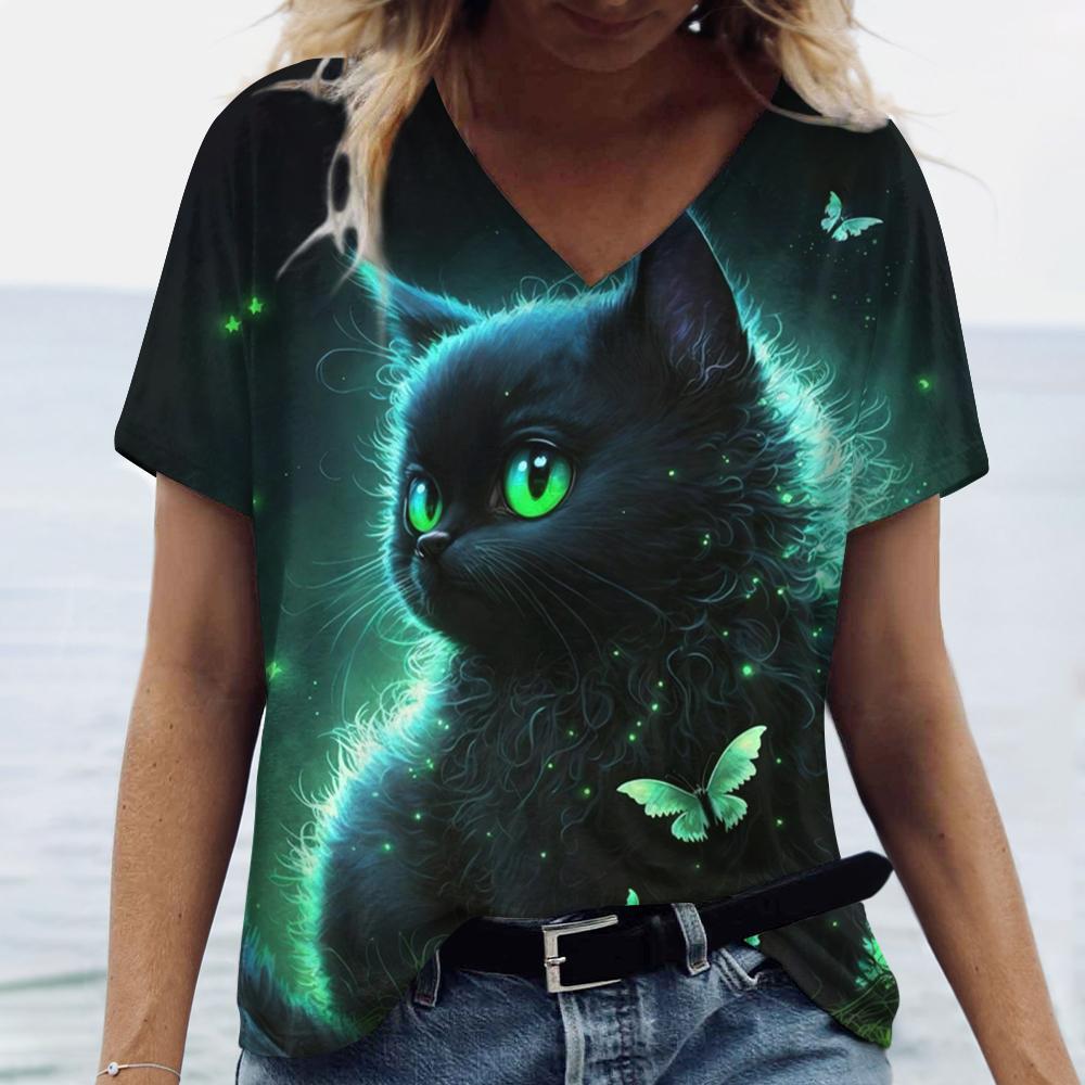 Cute Kitten Women's T-Shirts V-Neck Short Sleeve Harajuku Tshirts Summer Woman Fashions Tops Loose Casual Clothing Kawaii