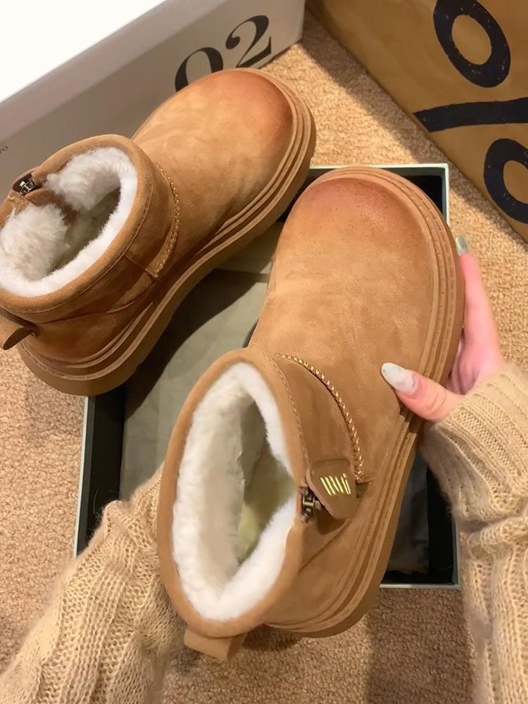 [Странный эстетизм] Кожаные меховые зимние ботинки на толстой подошве с внутренней танкеткой, женские новые бархатные и утолщенные хлопковые туфли на осень и зиму