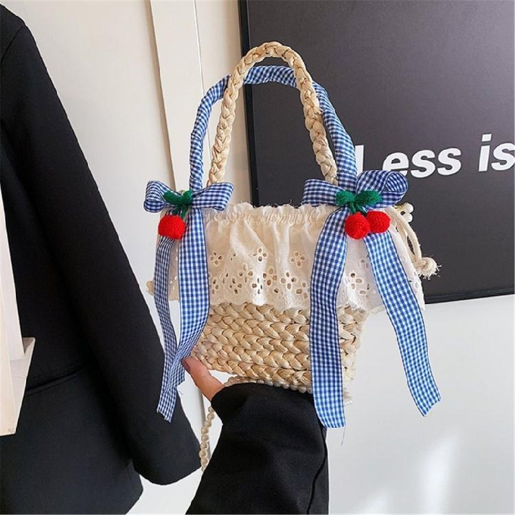 Cute Bowknot Woven Straw Handbag Beach Ruffle Lace Pearl Chain Crossbody Bag