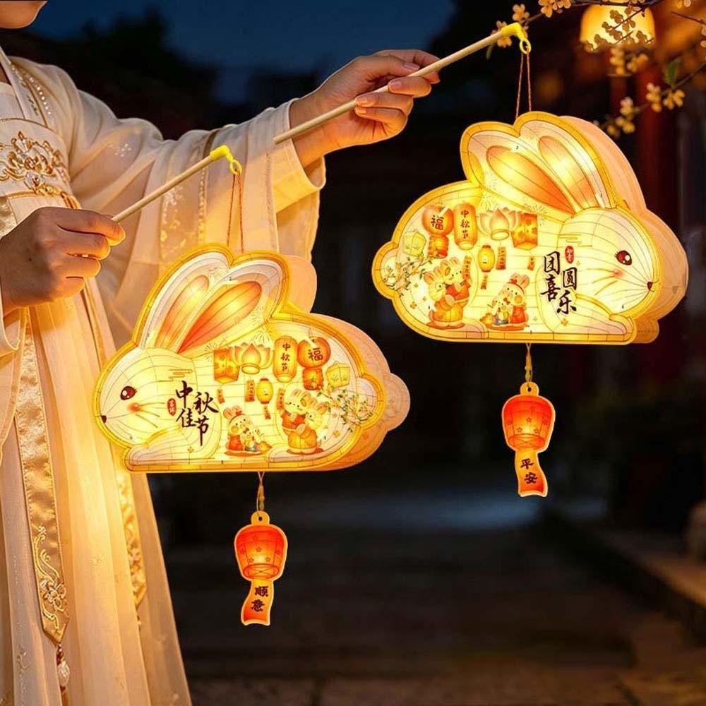 Handmade Bunny Lantern PVC Paper Rabbit Flower Lantern Mid Autumn Lantern Night Celebration