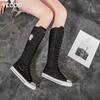 Spring Autumn Women Boots Canvas Mid Calf Boots Casual High Top Shoes Long Boots Lace Up Zipper Comfortable Flat Boots Size 34-43