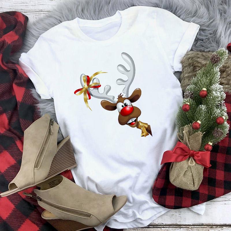 Cute Reindeer T Shirt Women Fashion Christmas Harajuku Short Sleeve T Shirt White Suitable All Seasons