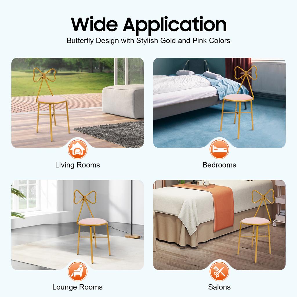 Light Pink Butterfly Backrest Chair, Girly Style Iron Desk Chair with Soft Cushion for Bedroom, Living Room, Cafe