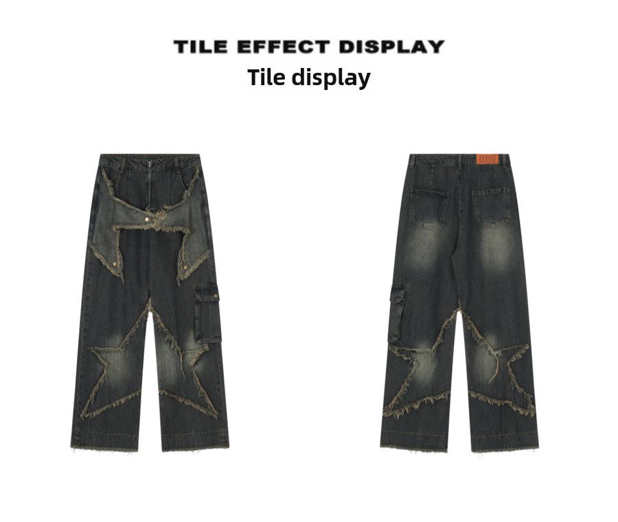 American Retro Distressed Wide-Leg Jeans with Pentagram Design and Big Pockets for Men