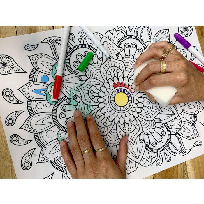 Jeu de coloriage - Mandala - Silicone effaçable - Set de table pliable - 6 feutres - Éponge