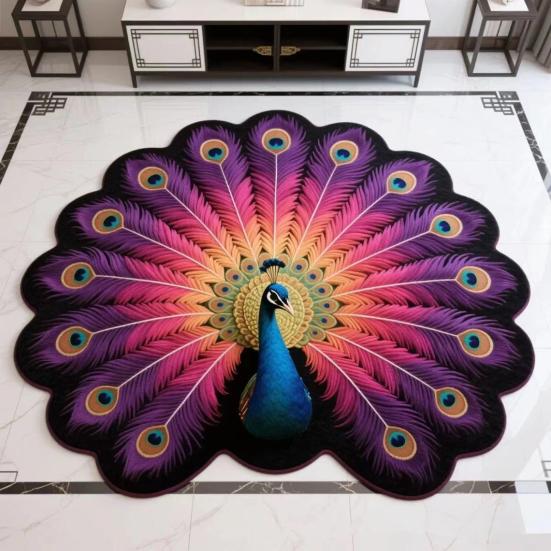 3D Peacock Pattern Plush Rug Non-Slip Backing Easy To Clean Various