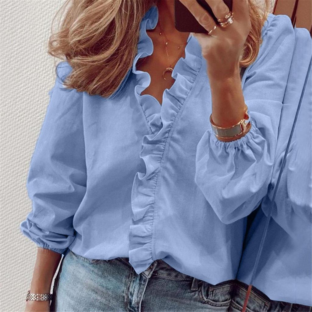 Fashion Woman Temperament Long Sleeve Ruffle Blouse Solid Colour Comfort Shirt