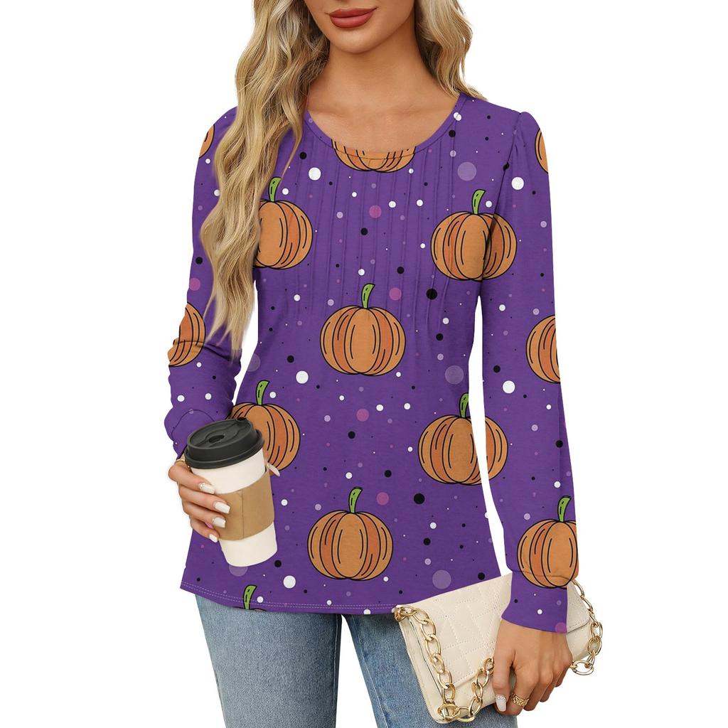 Long Sleeve Shirts For Women Cute Print Graphic Tees Blouses Dressy Casual Blouses Pleated Scooped Neck Tunic Tops Halloween