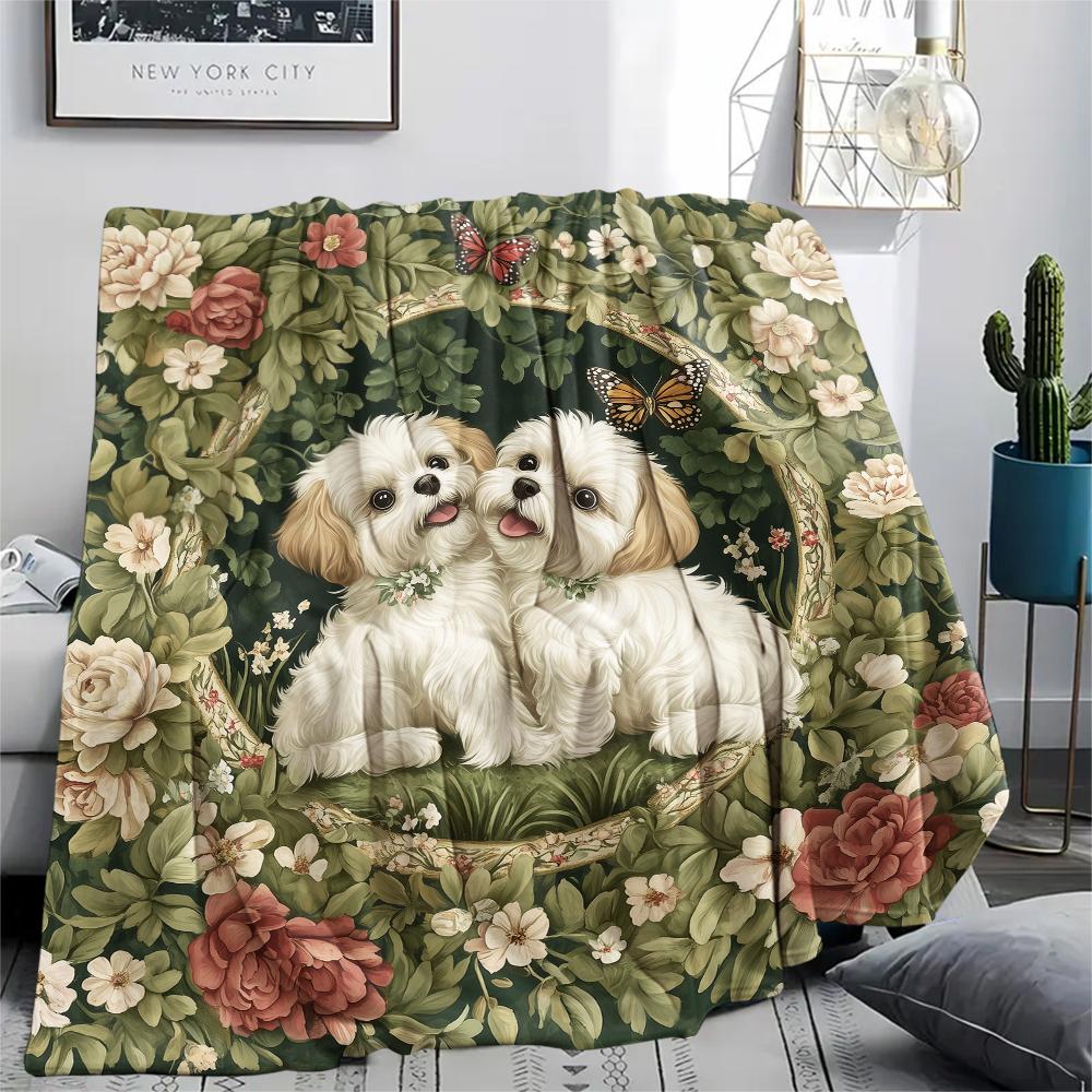 Maltese dog and grass,pattern Flannel Blanket, High quality Comfortable for All Seasons, Home Decor, Warmth and Comfort, Perfect for Gifts.