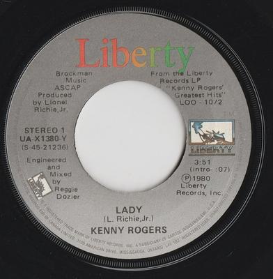 Пластинка 7 дюймов KENNY ROGERS Lady UAX1380Y Liberty 1980 Канада Поп Б/у